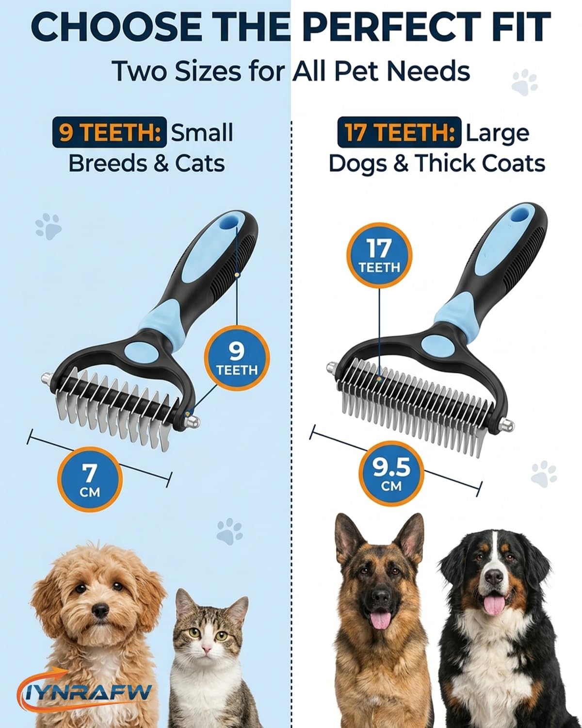 Pet Pro Grooming Tool Dual Tooth Pet Grooming Comb Undercoat Rake for Dogs Cats Long Hair Deshedding Tool Dematting Brush Double Sided Stainless Steel Teeth Remover Mats Tangles Loose Fur