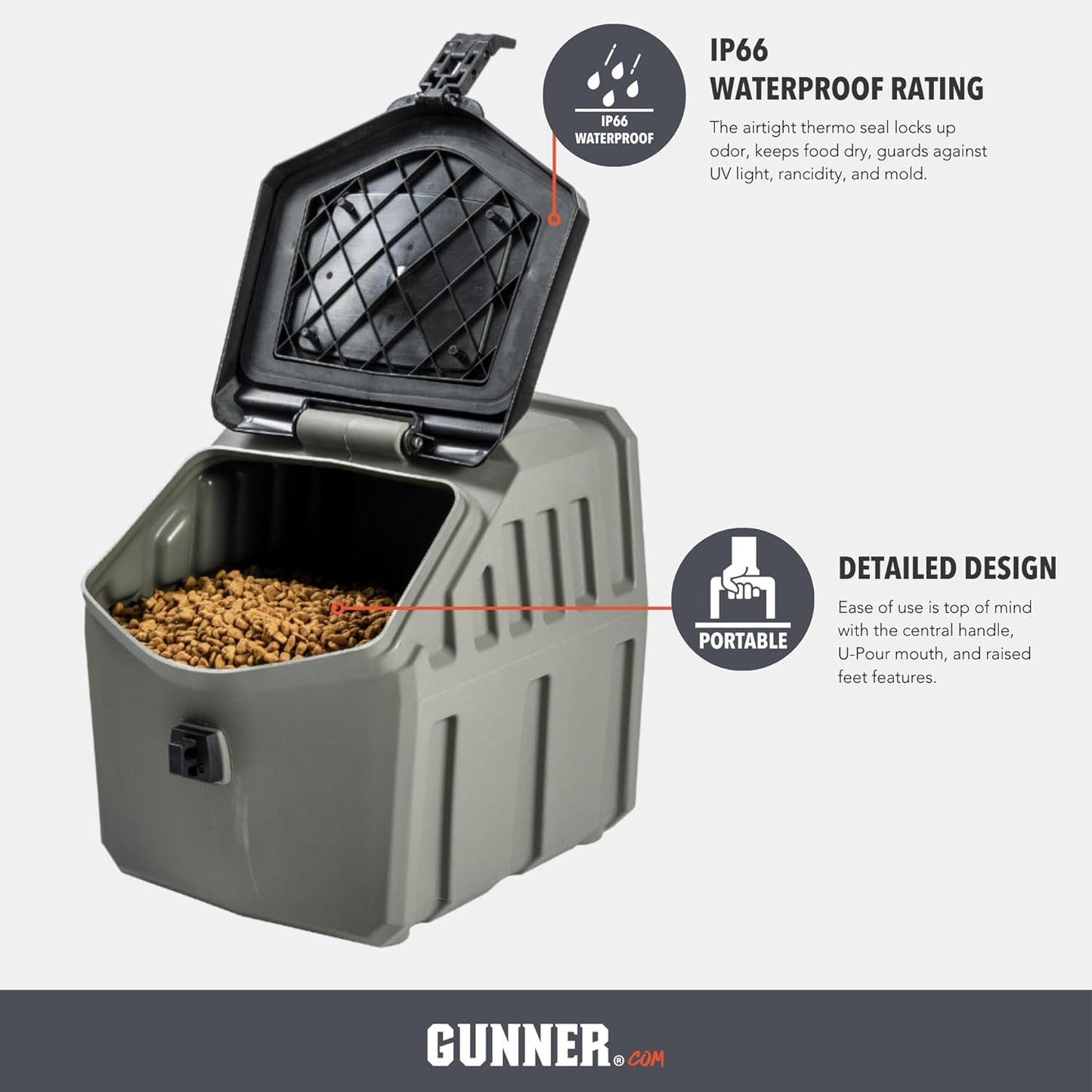 GUNNER 50 lbs Dog Food Storage Container - Waterproof & Airtight Pet Food Bin - Multi-Purpose Container for Dry Food, Corn, Chicken Feed, Treats, Bird Seed, & More - Gunmetal