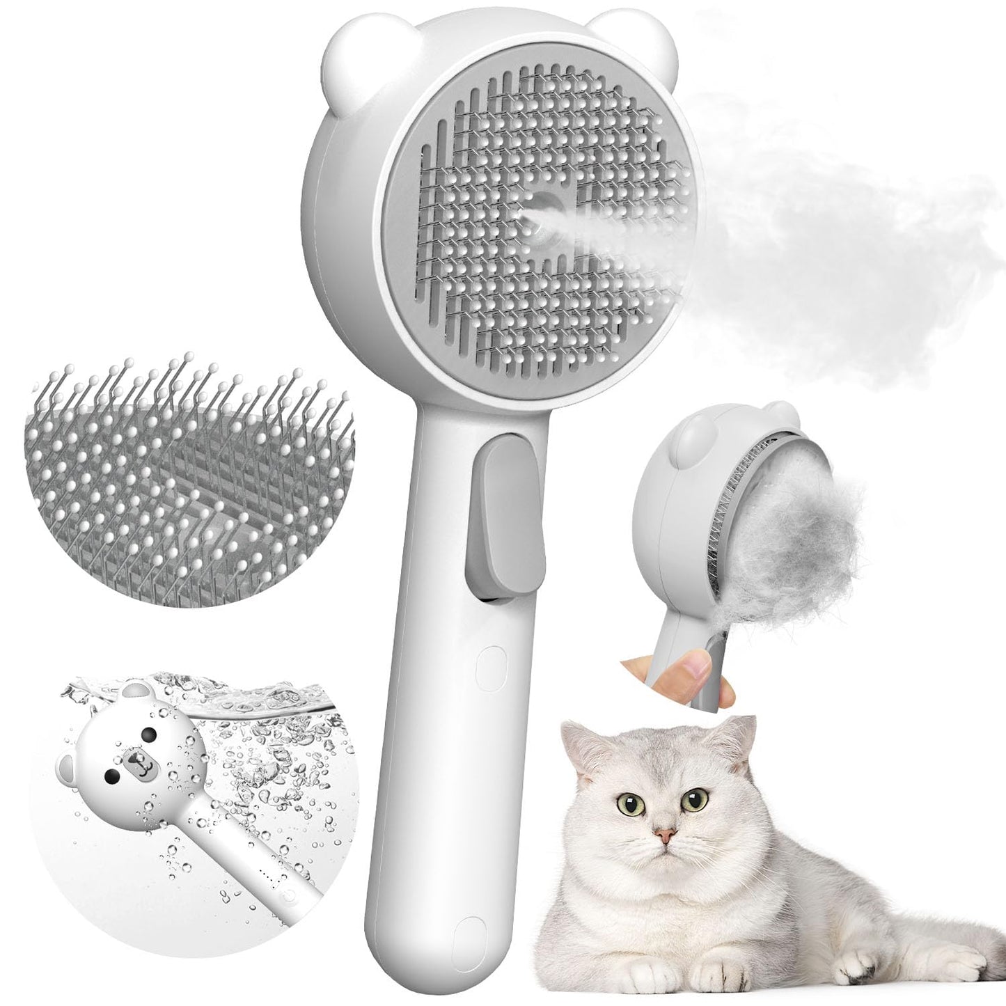 Double-Sided Pet Deshedding Dematting Comb & Steam Brush with 2 Spray Levels, Extra-Wide Detangling Undercoat Rake for Long-Hair Dogs & Cats Matted Fur, Knots, Rechargeable Grooming & Massage Tool