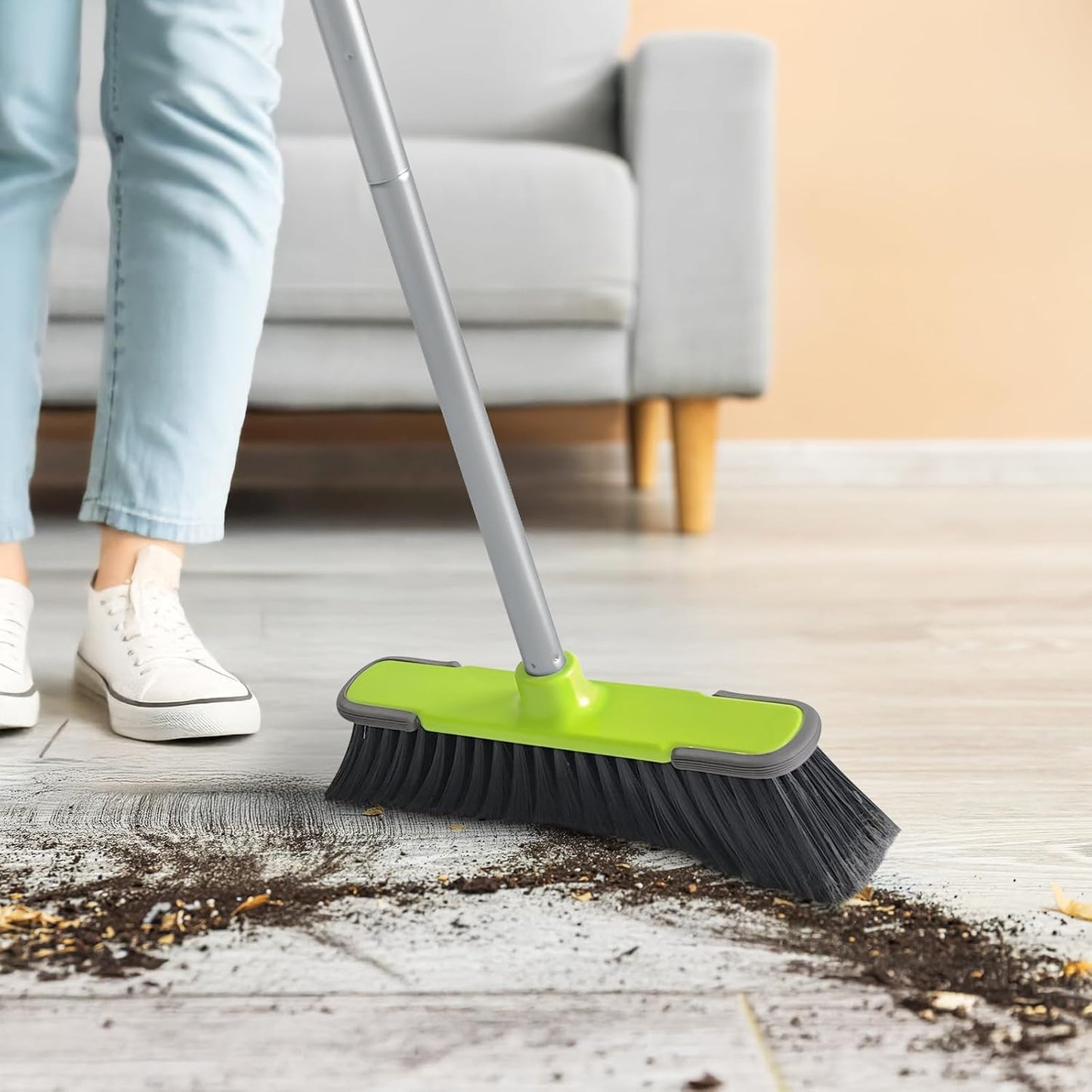 Broom for Hardwood Floors Indoor Sweeping Brooms with Soft Bristles and 55” Long Handle for Tile Laminate Deck Hard Floor Cleaning-Yellow