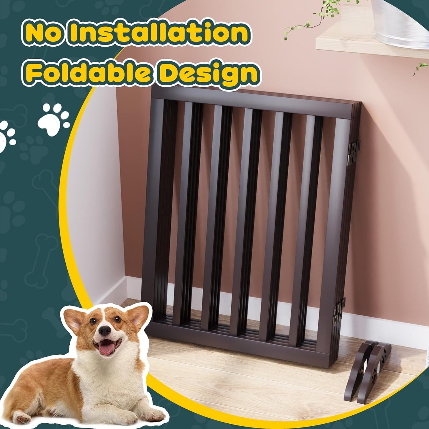 Freestanding Dog Gates Indoor, 3-Panel Pet Gates with 2 Metal Stands and 360° Hinge, 24" H Foldable Dog Gate for Stairs, Doorway, Kitchen, Expands Up to 55" Fully Assembled - Black Walnut