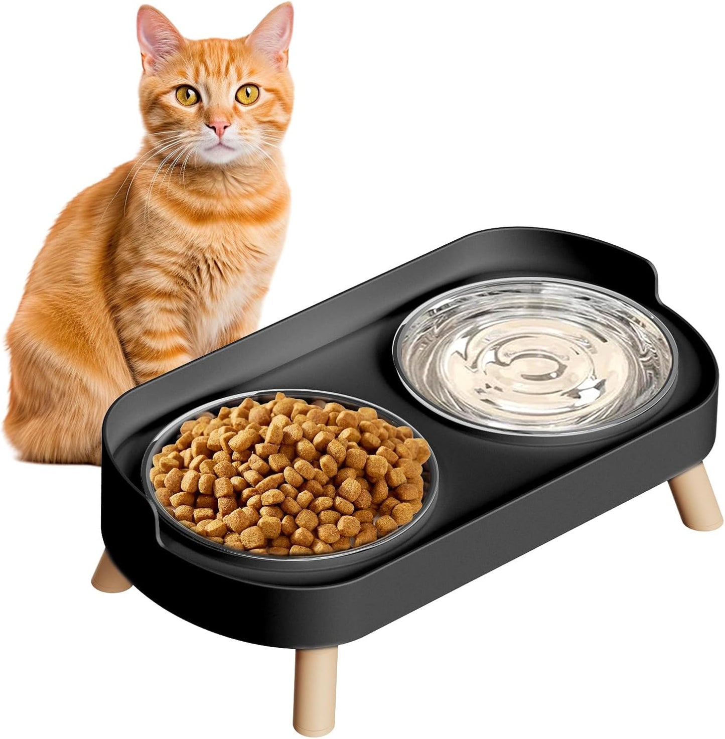 Elevated Cat Bowl, Raised Cat Food and Water Bowl Set for Indoor Cats, Splash Proof with 2 Stainless Steel Pet Food Bowls for Cats and Puppies, Whisker Fatigue and Dishwasher Safe - White