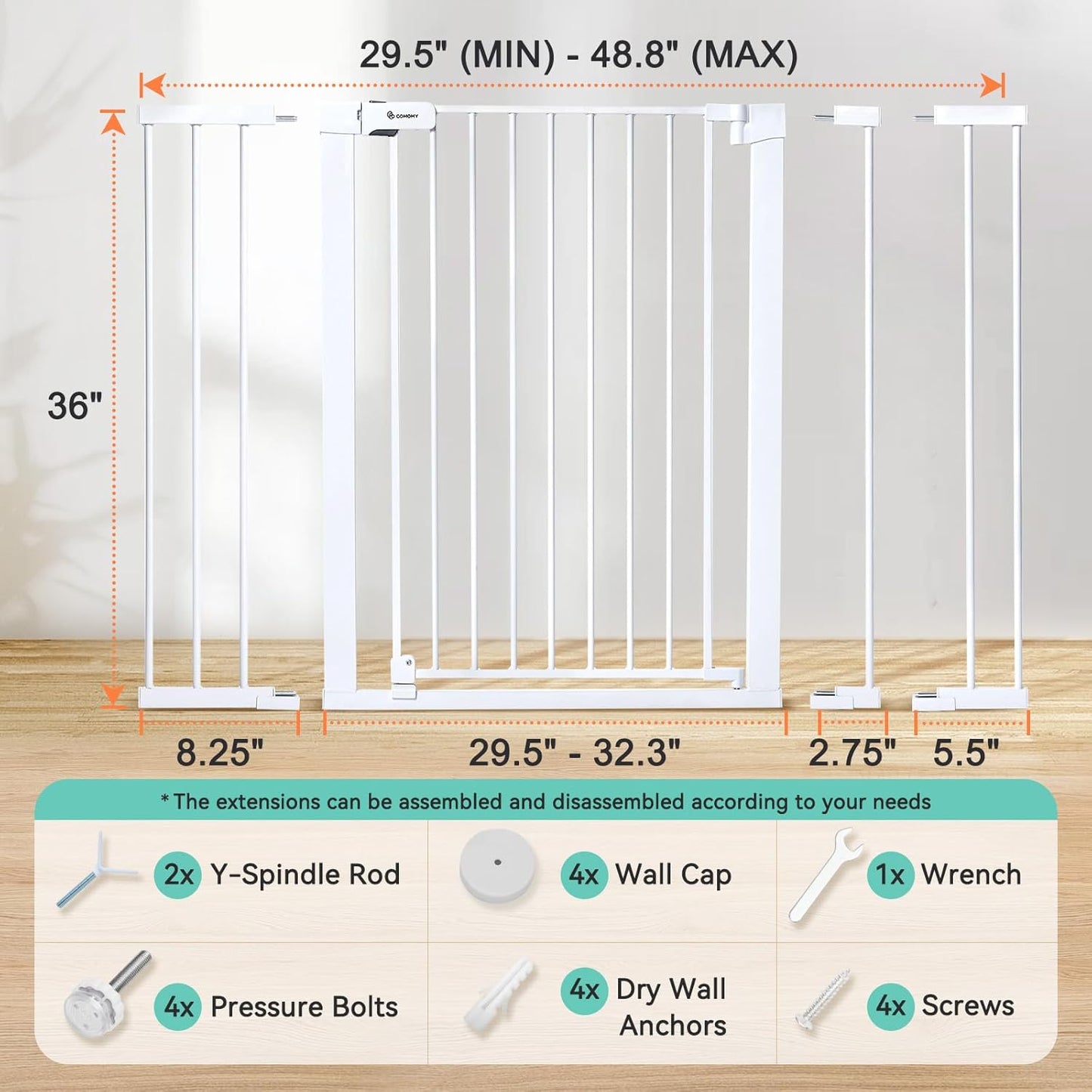 COMOMY 36" Extra Tall Baby Gate for Stairs and Doorways - Fits 29.5" to 48.8" Wide Openings, Auto Close Extra Wide Dog Gate for House, Pressure Mounted Easy Walk Through Pet With Door, Black