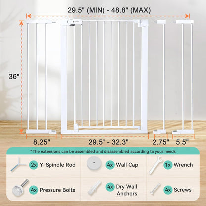 COMOMY 36" Extra Tall Baby Gate for Stairs and Doorways - Fits 29.5" to 48.8" Wide Openings, Auto Close Extra Wide Dog Gate for House, Pressure Mounted Easy Walk Through Pet With Door, Black