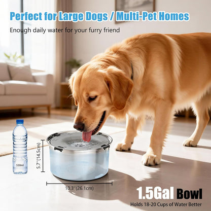 SCHITEC No Spill Dog Water Bowl for Large Dogs, 5.6L / 1.5 Gallon Stainless Steel Splash-Proof Slow Drinking Pet Dish with Floating Disk & Non-Slip Base, Mess-Free Design for Home or Travel-Light Gray