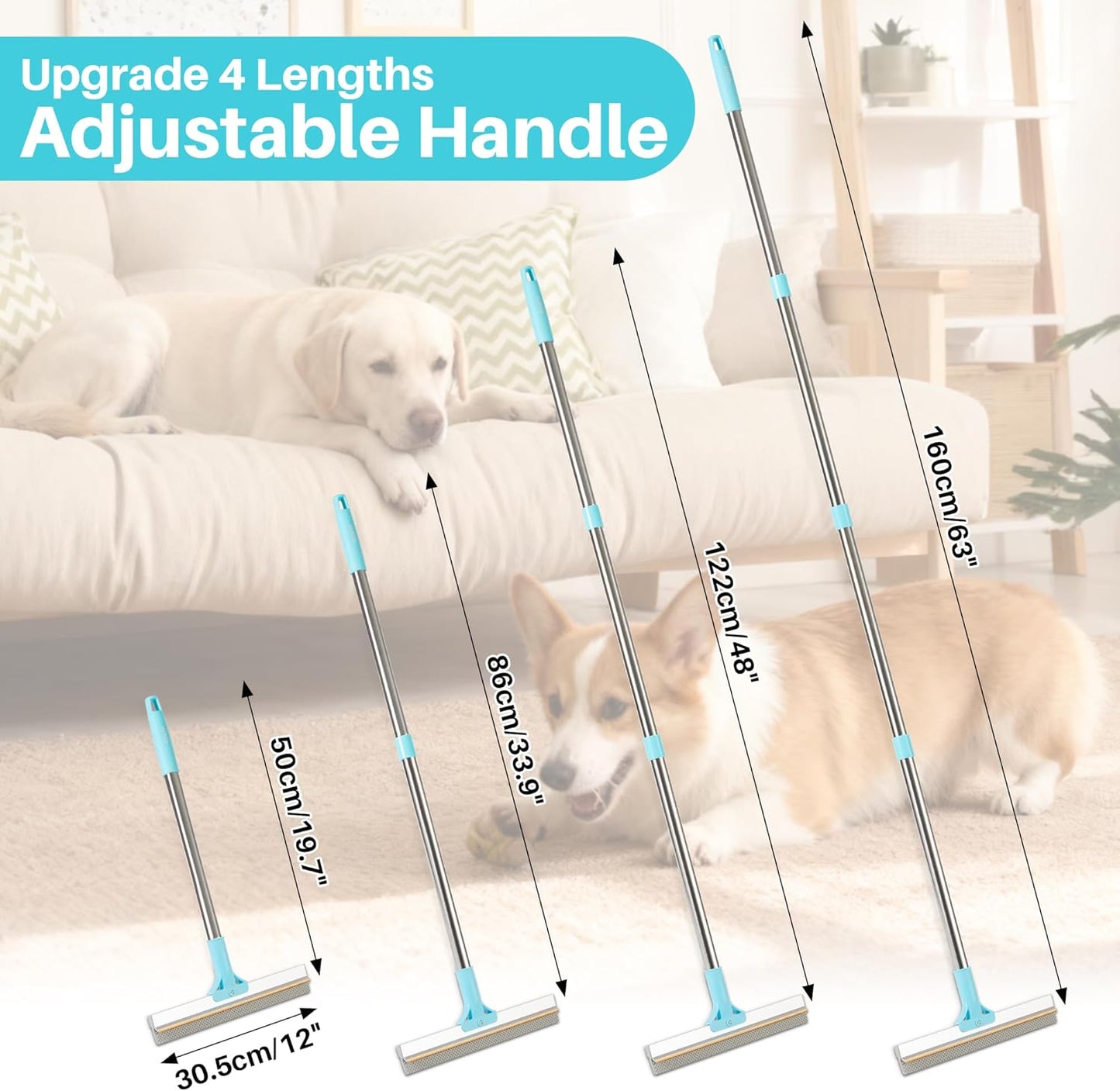 JOYMOOP Carpet Rake for Pet Hair Removal, 63" Adjustable Long Handle Pet Hair Removal Tool, Cat Dog Hair Carpet Rake with Metal and Silicone Scraper for Carpet, Sofa, Cloth