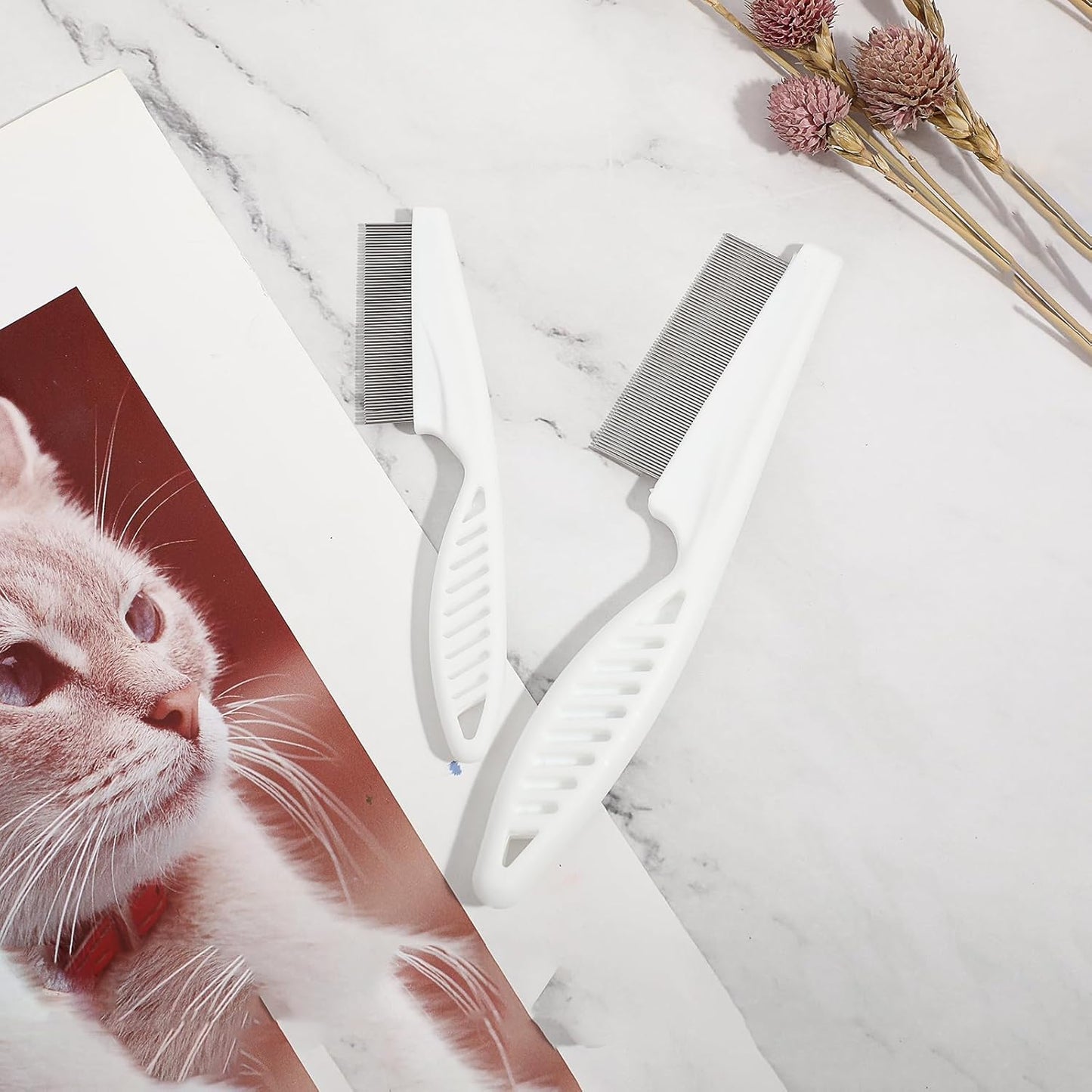 TIESOME Pet Hair Comb Tear Stain Removal,2 Pack Multifunctional Pets Grooming Comb Kit 2 in 1 Dog Combs Stainless Grooming Massage Dual-Sided Comb for Knots Crust Floating Hair Tangle Fleas(Pink)