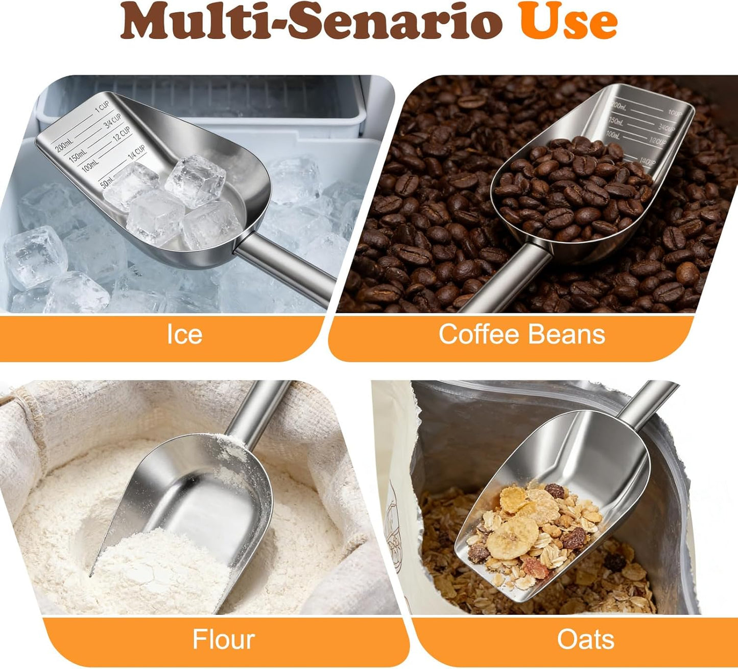 Mity rain Dog Food Scoop Stainless Steel with Long Handle, Precise Dog Food Measuring Cup 1, 3/4, 1/2, 1/4 Cup, Pet Scoop for Dogs, Cats, Rabbits, Animals, Metal Spoon for Dog Food Storage