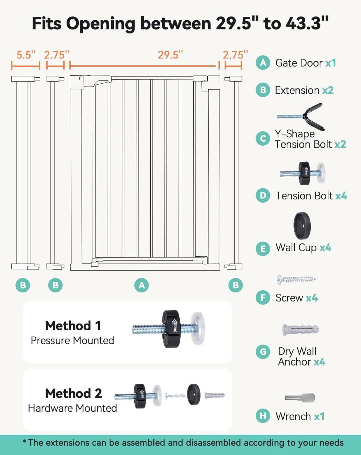 COMOMY 36" Extra Tall Baby Gate for Stairs and Doorways - Fits 29.5" to 48.8" Wide Openings, Auto Close Extra Wide Dog Gate for House, Pressure Mounted Easy Walk Through Pet With Door, Black