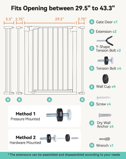 COMOMY 36" Extra Tall Baby Gate for Stairs and Doorways - Fits 29.5" to 48.8" Wide Openings, Auto Close Extra Wide Dog Gate for House, Pressure Mounted Easy Walk Through Pet With Door, Black
