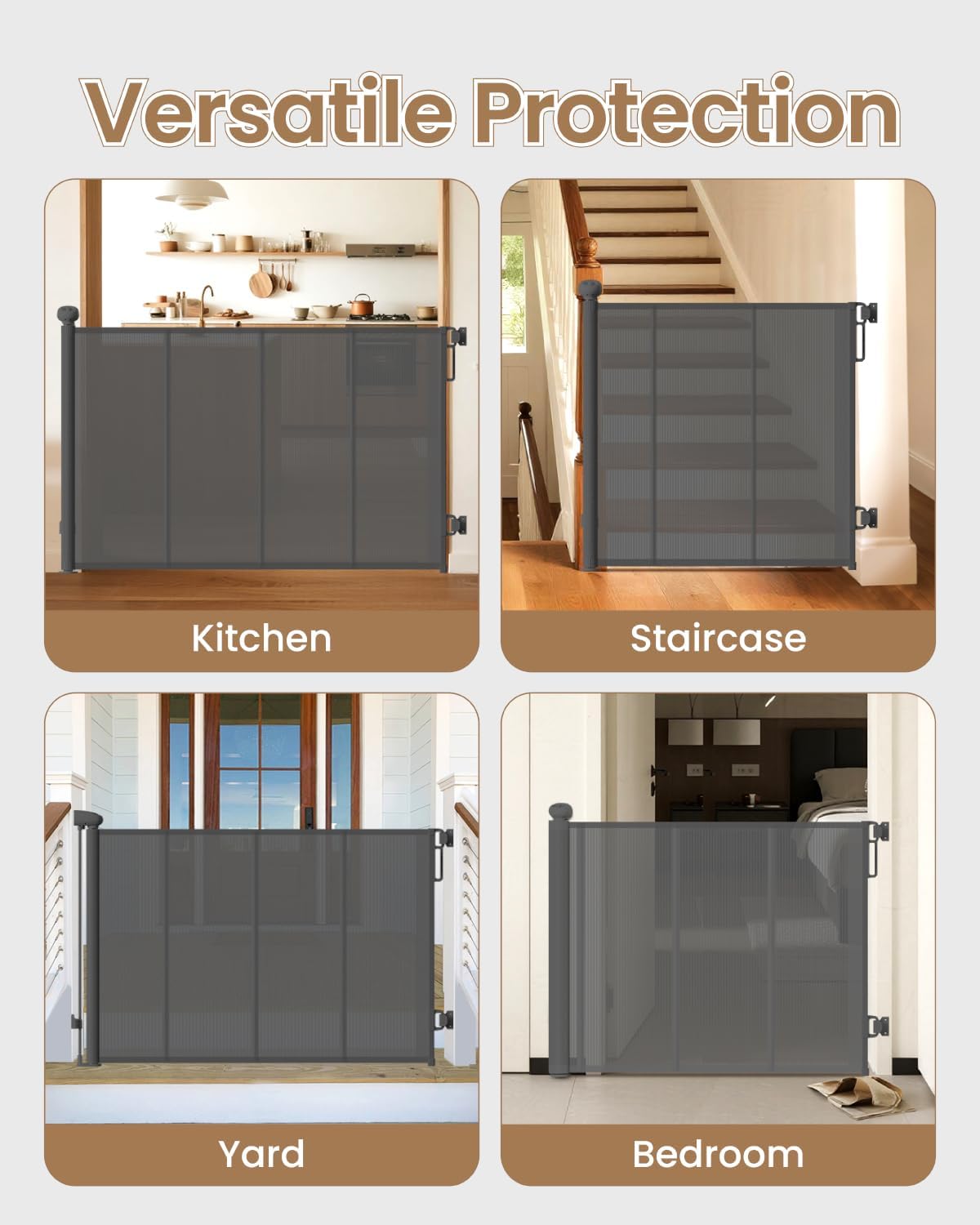 Retractable Baby Gate, 55" Wide Mesh Gate with 4 Reinforced Rods, Prevents Kids & Dogs from Crawling Under, 34" Tall Easy-to-Use Pet Gate for Stairs, Bedrooms, Hallways, Indoor/Outdoor, White