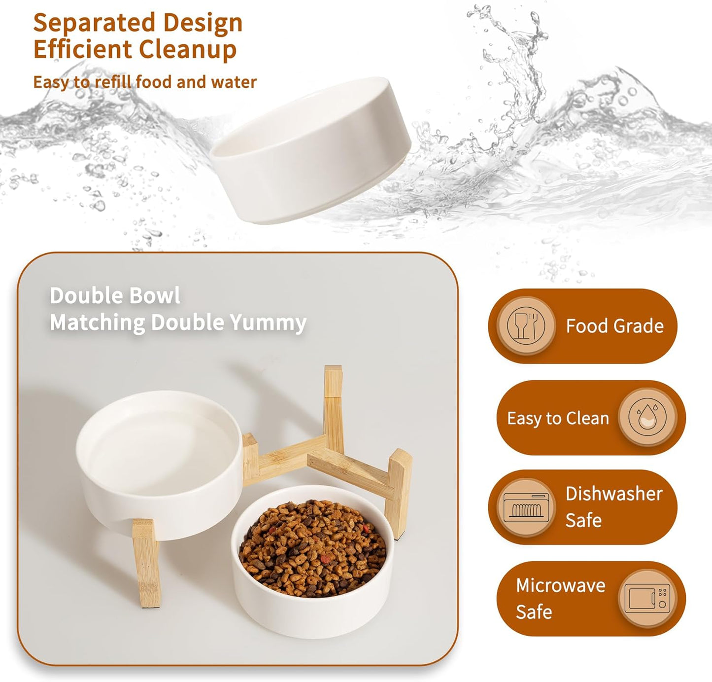 Elevated Ceramic Dog Bowl Set - Raised Dog Bowls with Non-Slip Bamboo Stand - Dog Food and Water Bowl Set - Double Dog Feeding Bowls - Suitable for Small and Medium Dogs - 28.74 OZ - 3.6 CUPS - 850 ML