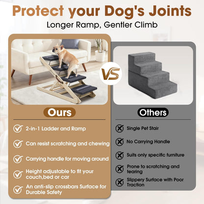 Dog Ramp for Bed - Foldable Small to Large Dog Ramp for Couch - 6 Adjustable Height from 12" to 24" - Stairs with High Traction Mat - Wooden Portable Ramp for Dogs to Get on Bed Couch Car Up to 200LBS