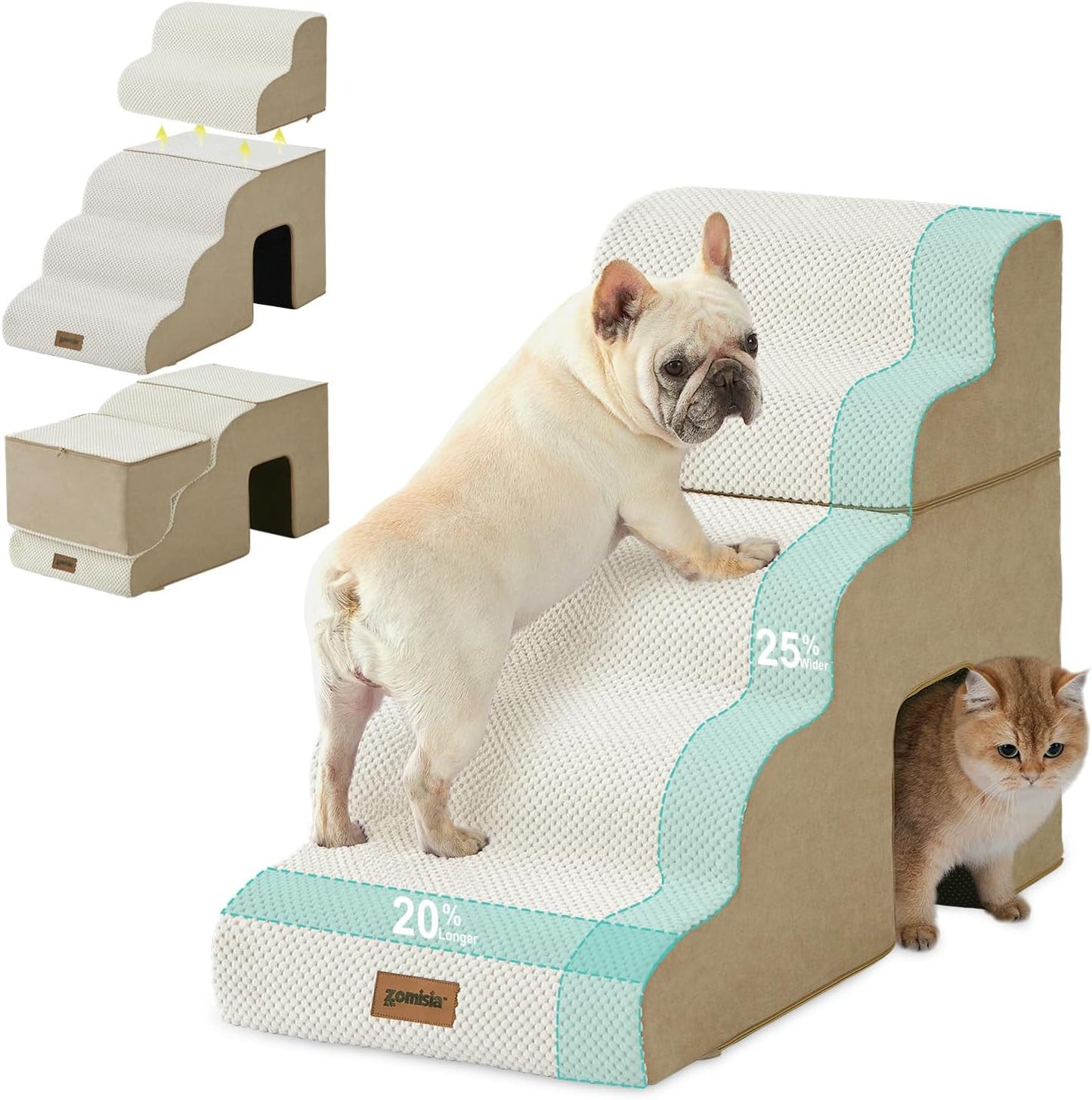 ZOMISIA Dog Ramp for Large Dogs - 24"H 5-Step Pet Stairs for High Beds with Tunnel, 2-in-1 Design with Zippers, Suitable for Indoor Cat Ladders with Non-Slip Bottom, Beige