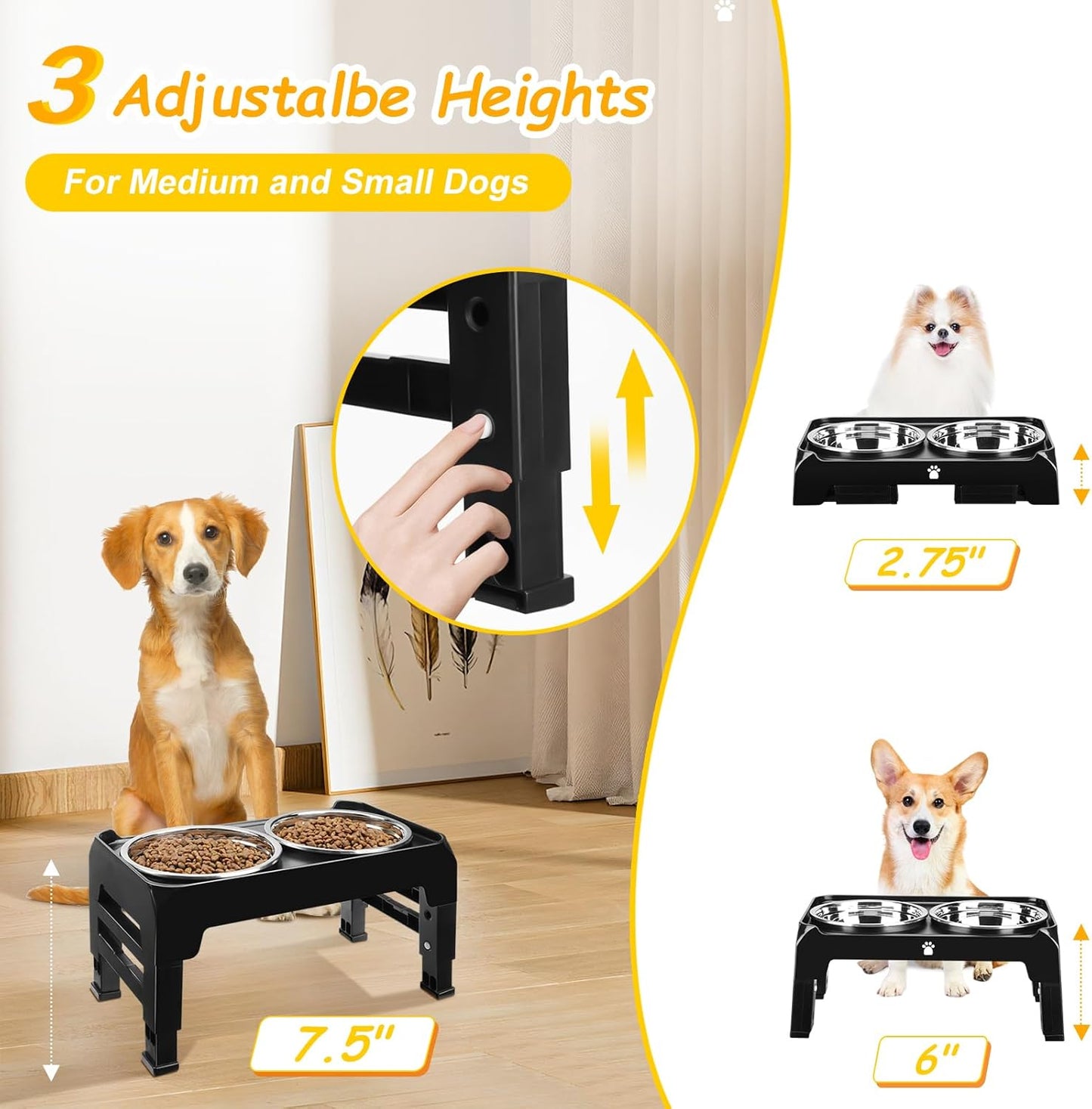 Elevated Raised Dog Bowl Stand with 2 Stainless Steel Bowls, Adjustable Height for Medium Large Dogs, 12.36" - 3.7" Foldable Feeder, Grey