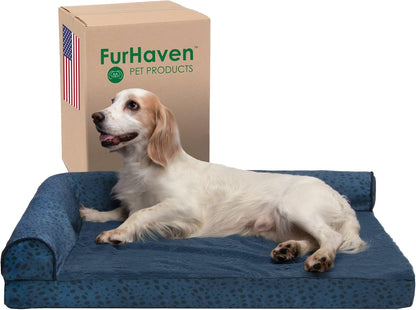 Furhaven Memory Foam Dog Bed for Large Dogs w/ Removable Bolsters & Washable Cover, For Dogs Up to 95 lbs - Two-Tone Plush Faux Fur & Suede L Shaped Chaise - Espresso, Jumbo/XL