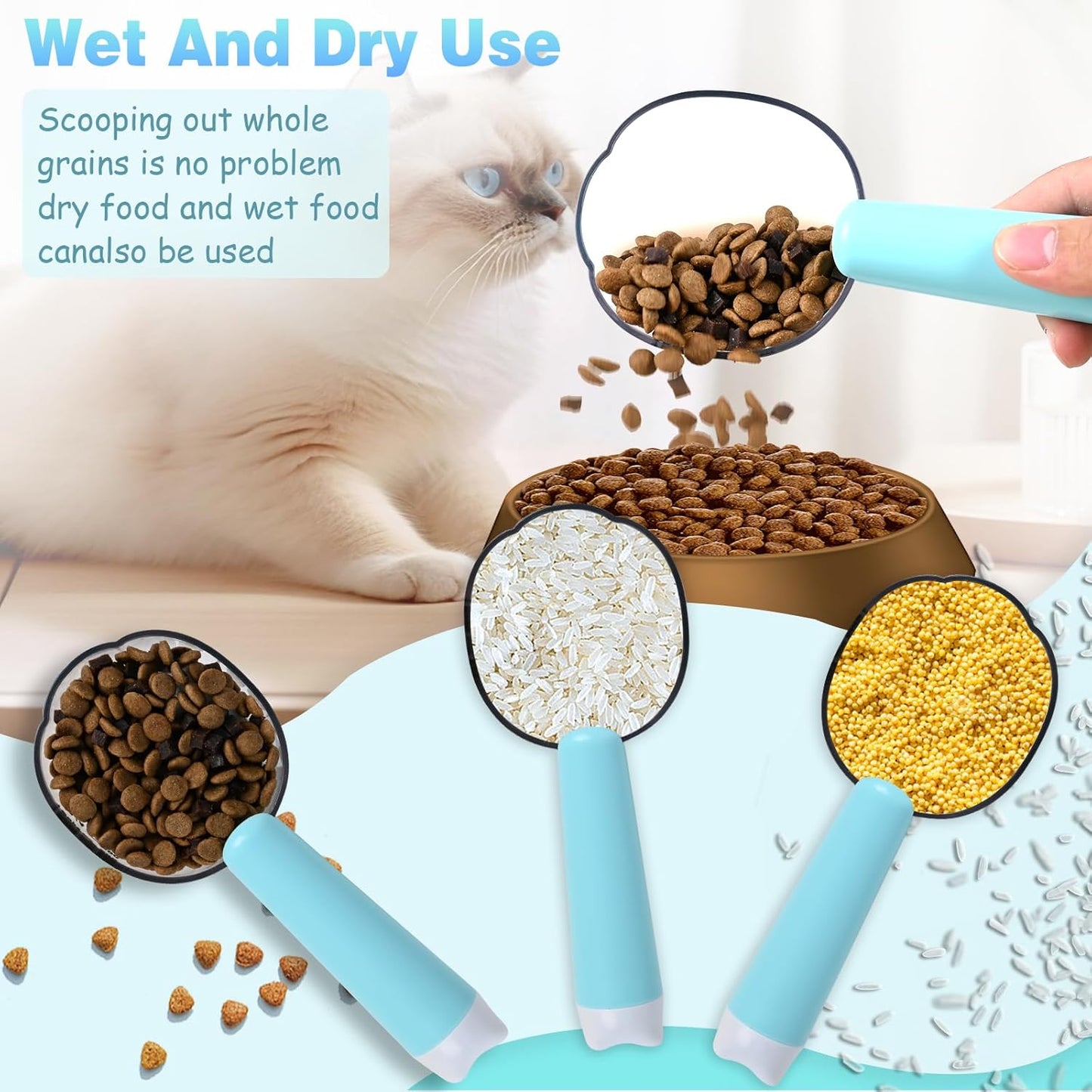 Dog-Cat Food Scoop 1 Cup, Pet Food Measuring Cup with Long Handle, Food-Grade Scoop for Dogs, Rabbit Wet or Dry Food, Easy to Clean & Accurate Scale (Blue)