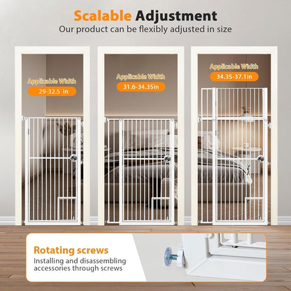 71" Extra Tall Pet Gate with Cat Door, Walk Through Pet Gate Pressure Mounted No Drilling, 28.7"-37.5" Wide, Auto Close Metal Safety Barrier for Stairs Hallway House, White