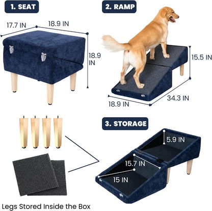 3-in-1 Dog Ramp 18.9"×17.7"×18.9" with Storage – Pet Stairs for Senior & Injured Dogs & Cats, Hidden Storage Footstool, Ottoman Anti-Slip, Supports 220 lbs for Beds & Sofas (Blue-pro)