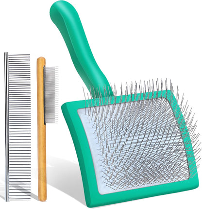 Slicker Brush for Dogs, Large Dog Grooming Brush for Doodles Goldendoodles Poodles Labradoodle Bernedoodles, Long Combs to Wavy & Curly Hair - Wooden Handle 3 Pcs - Nature