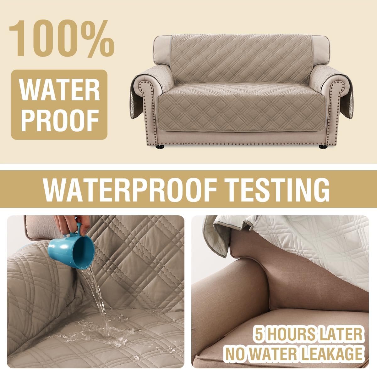 H.VERSAILTEX 100% Waterproof Slipcovers for Couches and Sofas Modern Pet Couch Cover Thick Soft Furniture Protector with Elastic Straps(Sofa, Lily Pad/Beige)