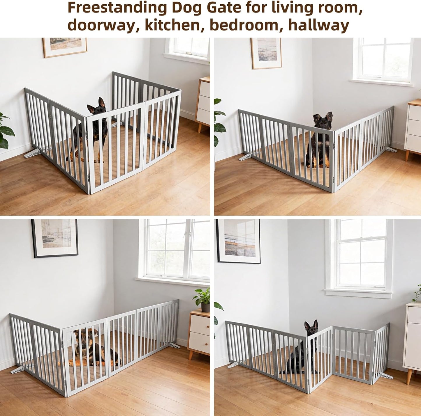 ZJSF Freestanding Indoor Dog Gate for House Foldable Wood Puppy Gate for Doorways Pet Gate for Stairs Extra Wide Pet Fence, Brown, 24" Height 3 Panels
