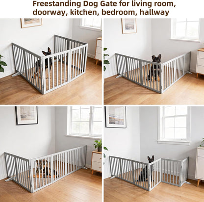 ZJSF Freestanding Indoor Dog Gate for House Foldable Wood Puppy Gate for Doorways Pet Gate for Stairs Extra Wide Pet Fence, Brown, 24" Height 3 Panels