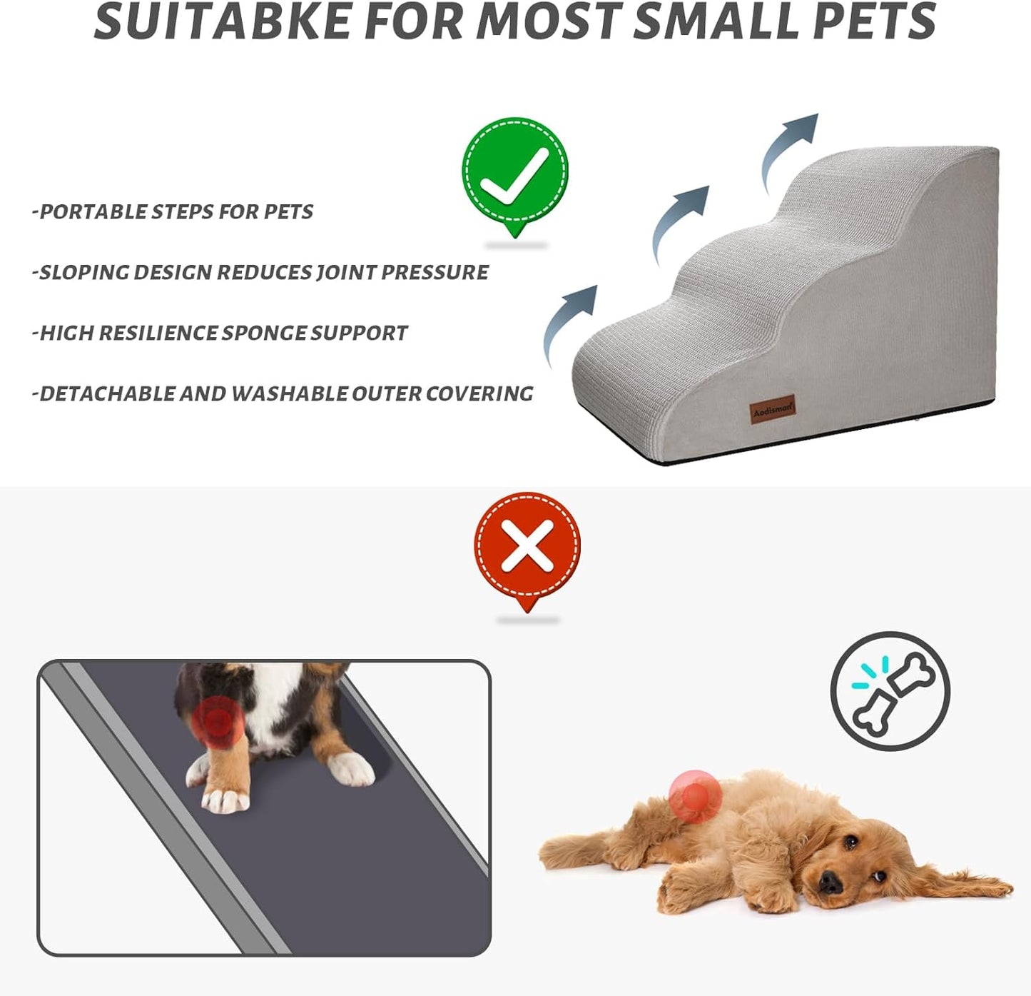 Aodisman 3-Step Dog Ramp and Stairs for Sofa and Chair - Non-Slip Sturdy Pet Steps for Small Dogs and Cats,15.7" H,Grey