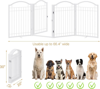 BHG Metal No-Assembly Freestanding Dog Gate with Door Walk Through, Extra Wide 144", Extra Tall 32" Pet Gate, Accordion Puppy Folding Playpen Dog Fence, with 2PCS Support (Black, 6 panesl)