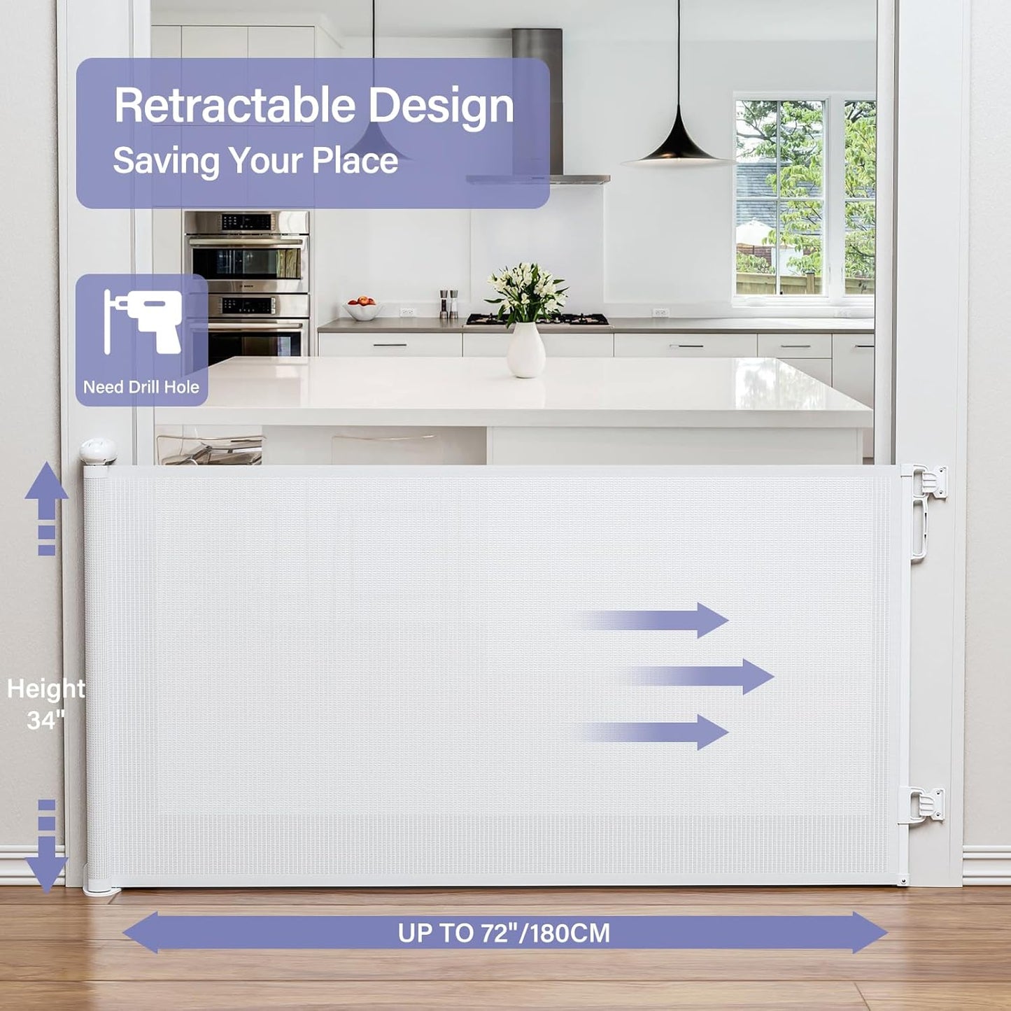 PRObebi Retractable Dog Gate for the House Extends to 54" Wide 34" Tall, Gates for Baby Indoor, Stair Gate for Outdoor, Staris, Hallways, Doorways, Deck, Porch, Need Drilling