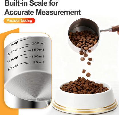 Dog-Cat Food Scoop 1 Cup – 304 Stainless Steel Measuring Cup with Long Walnut Handle, Precise Scale for Pet Food, Easy to Clean & Durable Metal Scoop for Dogs, Cats, and Kitchen Use