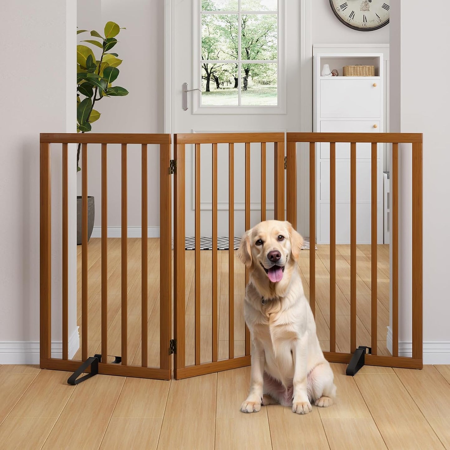 Freestanding Dog Gates Indoor, 3-Panel Pet Gates with 2 Metal Stands and 360° Hinge, 24" H Foldable Dog Gate for Stairs, Doorway, Kitchen, Expands Up to 55" Fully Assembled - Black Walnut