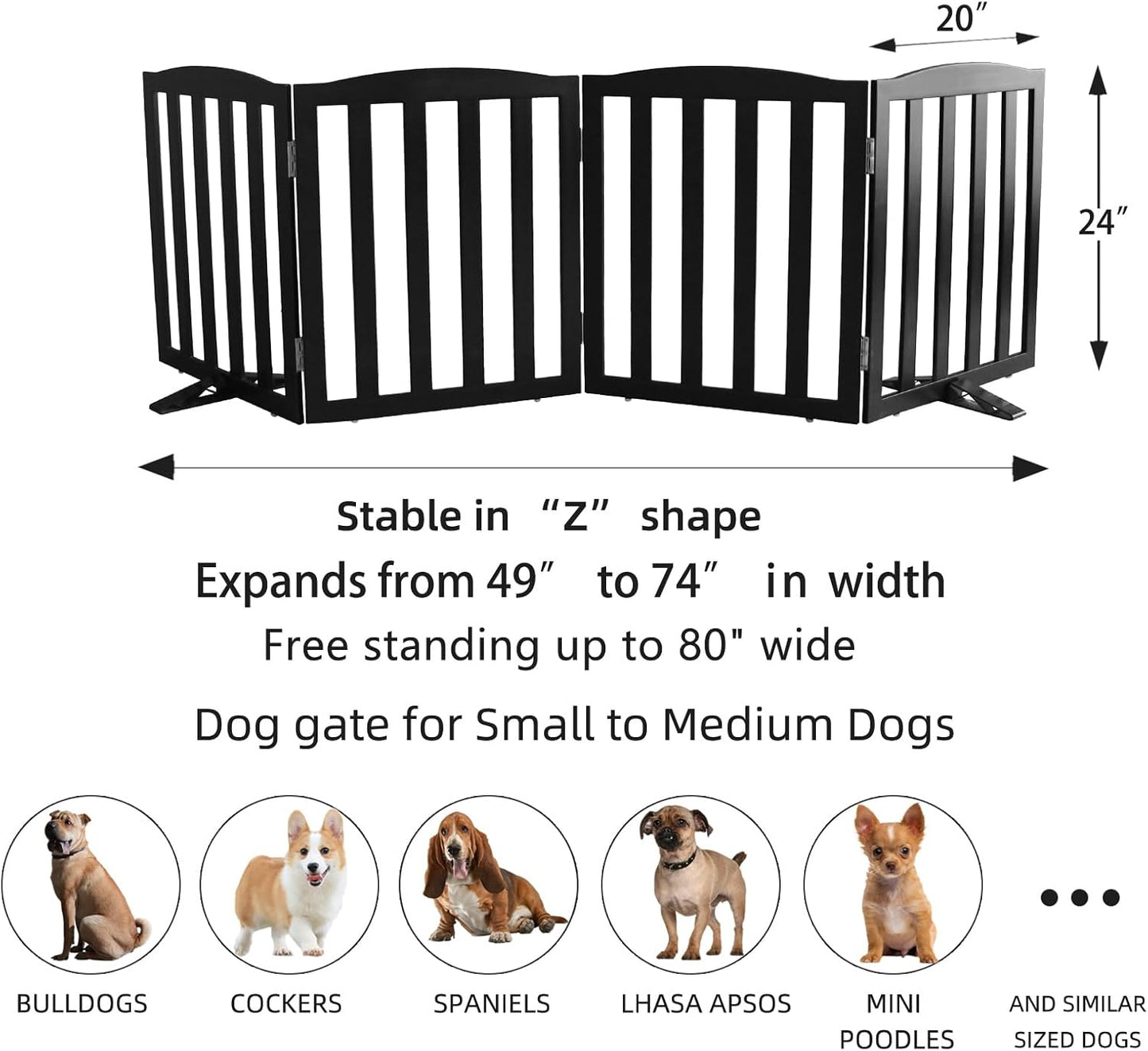 ZJSF Foldable Freestanding Indoor Dog Gate for House Wood White Long Pet Gates Dog Fence for Stairs Puppy Gates for Hallways,Pet Fence, Puppy Gate,Support Feet Included 24 "Height-3 Panels