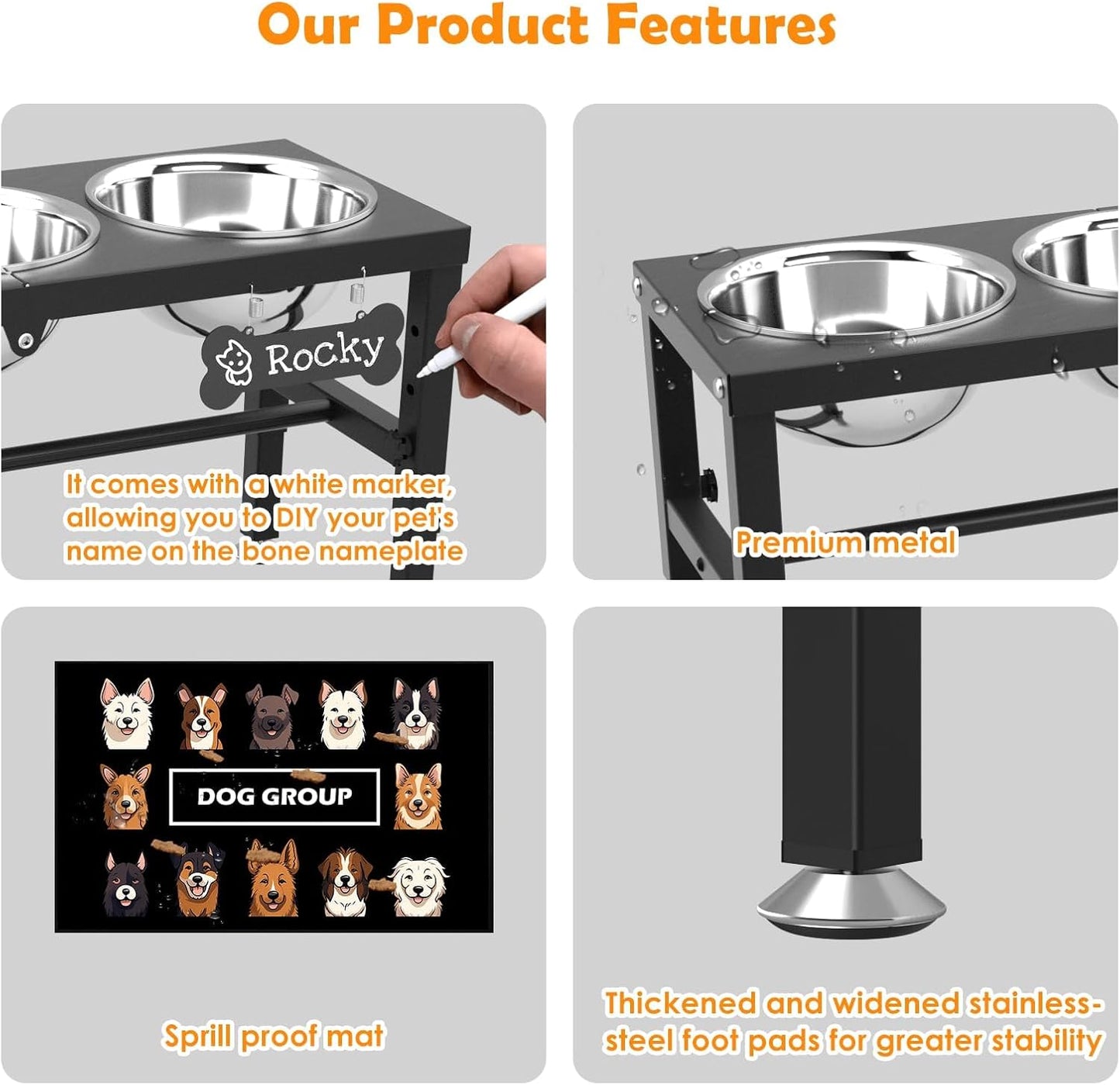 ADENGL Elevated Dog Bowls, 10" Tall Height, Raised Bowl Stand with 2 Stainless Steel Food Feeder Bowls (58oz) and Spill-Proof Mat for Medium Large and Small Breeds