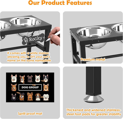 ADENGL Elevated Dog Bowls, 10" Tall Height, Raised Bowl Stand with 2 Stainless Steel Food Feeder Bowls (58oz) and Spill-Proof Mat for Medium Large and Small Breeds