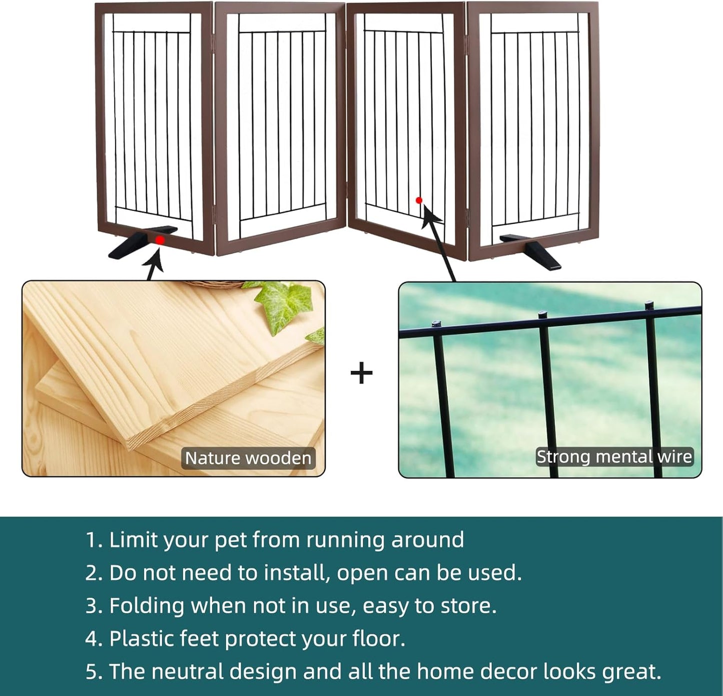ZJSF Freestanding Dog Gate Indoor, Foldable Dog Fence for Doorways,Hallways or Stairs, Sturdy Wood Extra Wide Pet Gate with Support Feet,Black,24 "Height-3 Panels