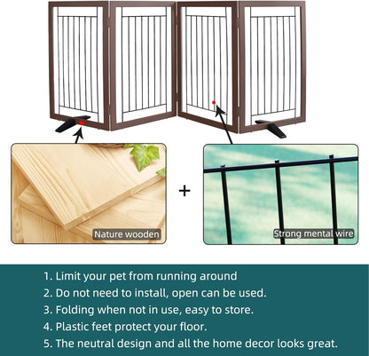 ZJSF Freestanding Dog Gate Indoor, Foldable Dog Fence for Doorways,Hallways or Stairs, Sturdy Wood Extra Wide Pet Gate with Support Feet,Black,24 "Height-3 Panels