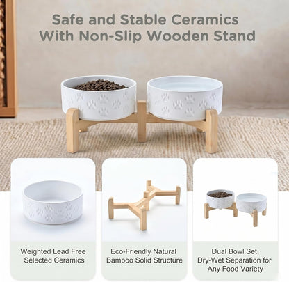 SPUNKYJUNKY Elevated Dog Bowls Ceramic, 6.1'' Dogs and Cat Food Water Bowls Raised with Non-Slip Bamboo Stand for Medium Sized Breed Microwave Dishwasher Safe - 28.7 OZ,Beige