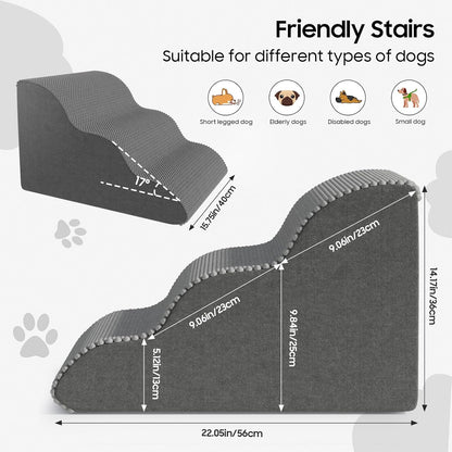 Pet Stairs for Small Dogs and Cats, Comfortable Curved Design with Waterproof Cover, High-Density Foam Steps for Beds or Sofas, Durable and Lightweight, 3-Layer, 21.7x15.7x13.8 Inches Grey