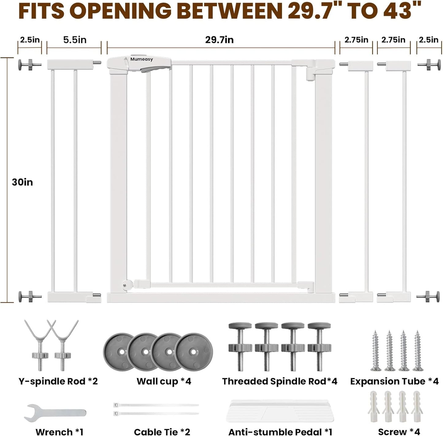 Mumeasy 29.7-46" Baby Gate for Stairs, Pressure Mounted Dog Gate for Doorways, Auto Close Walk Through Pet Gate Indoor, Extra Wide Metal Child Safety Gate, Mom's Choice Awards Winner, Black