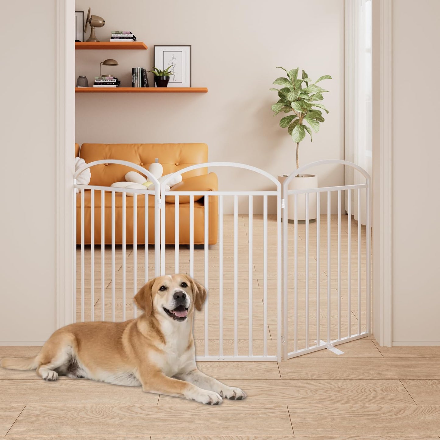 SNUOWU 4 Panels Full Matel Freestanding Dog Gates with Door, 96"Extra Wide 32"Tall Free Standing Dog Pet Gate for Indoor & Outdoor. Foldable Pet Fences for Doorways, House, Stairs, Porch, Deck, Yard