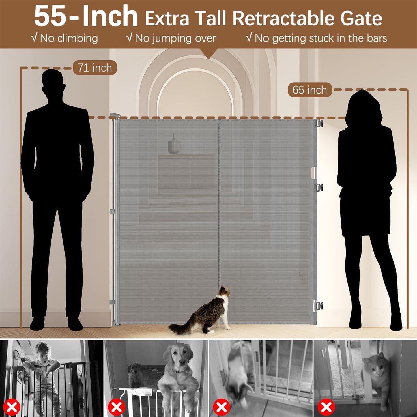 Reinforced 55" Extra Tall Pet Gate for Doorway - No Jumping Over, 55" Wide Retractable Baby Gates with Support Rods - No Crawling Under, Climb Proof Cat Gate for Stairs Tall Retractable Dog Gate/Black