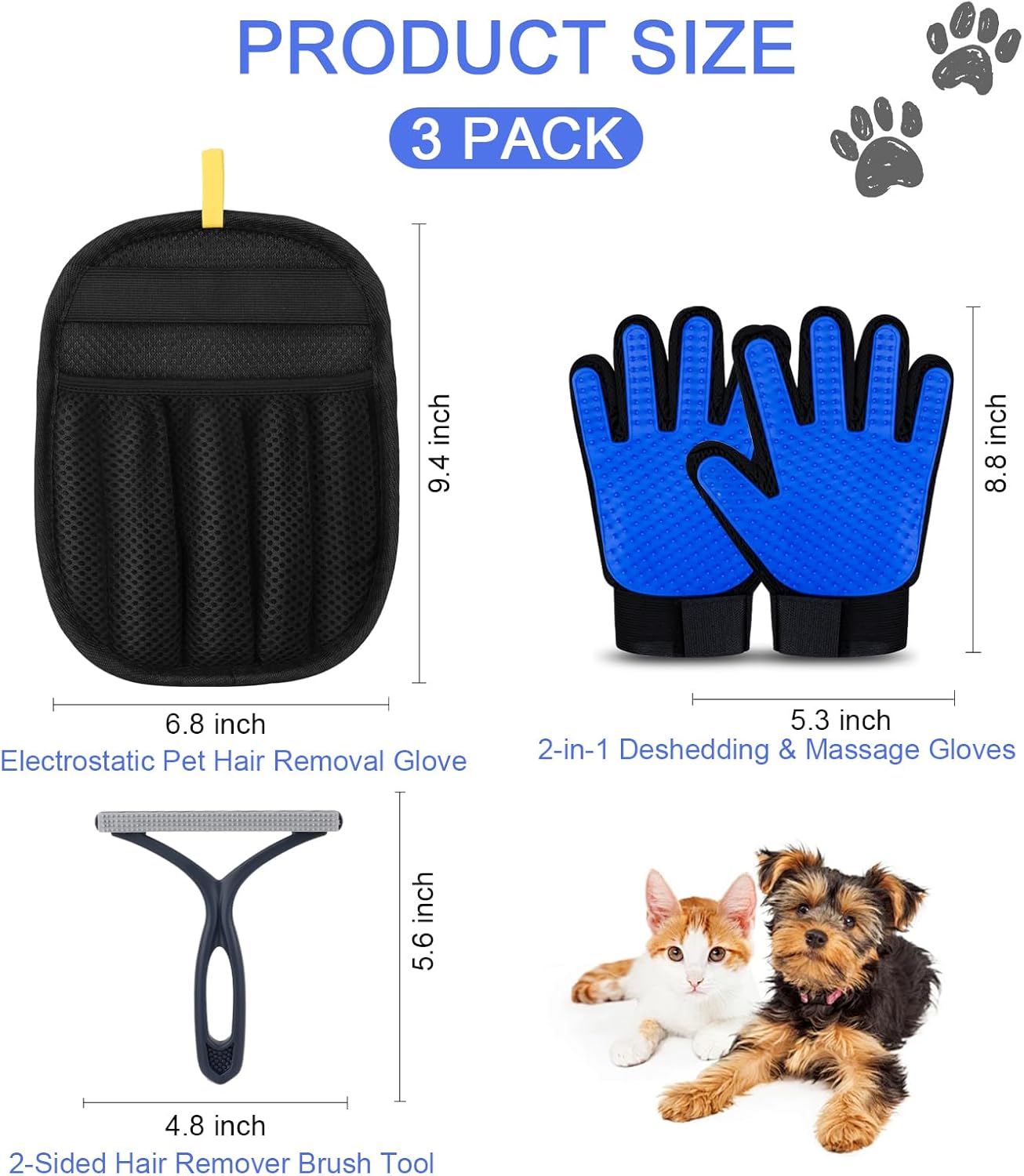 3 Pack Pet Hair Removal Tools for Dog & Cat, Five-Finger Pet Hair Remover Gloves, Deshedding Massage Gloves for Shedding Bathing, 2-Sided Hair Remover Brush for Furniture Bed Clothing Carpet Rake