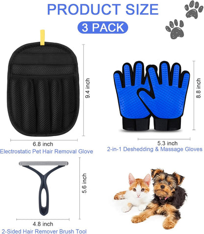 3 Pack Pet Hair Removal Tools for Dog & Cat, Five-Finger Pet Hair Remover Gloves, Deshedding Massage Gloves for Shedding Bathing, 2-Sided Hair Remover Brush for Furniture Bed Clothing Carpet Rake
