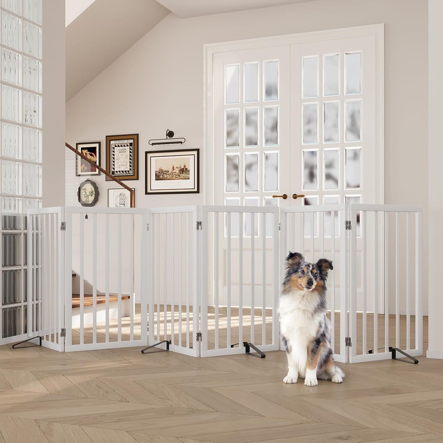 Freestanding Dog Gates Indoor, 3-Panel Pet Gates with 2 Metal Stands and 360° Hinge, 24" H Foldable Dog Gate for Stairs, Doorway, Kitchen, Expands Up to 55" Fully Assembled - Black Walnut