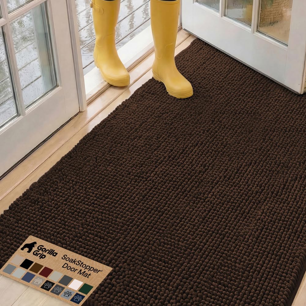 GORILLA GRIP SoakSTOPPER Dog Door Mat, 30x20 Machine Washable Rug Absorbent Doormat Captures Moisture Mud Dirt, Quick Dry Soft Chenille Entryway Rugs Indoor Entrance Mats for Dog Paws, Paw Grey