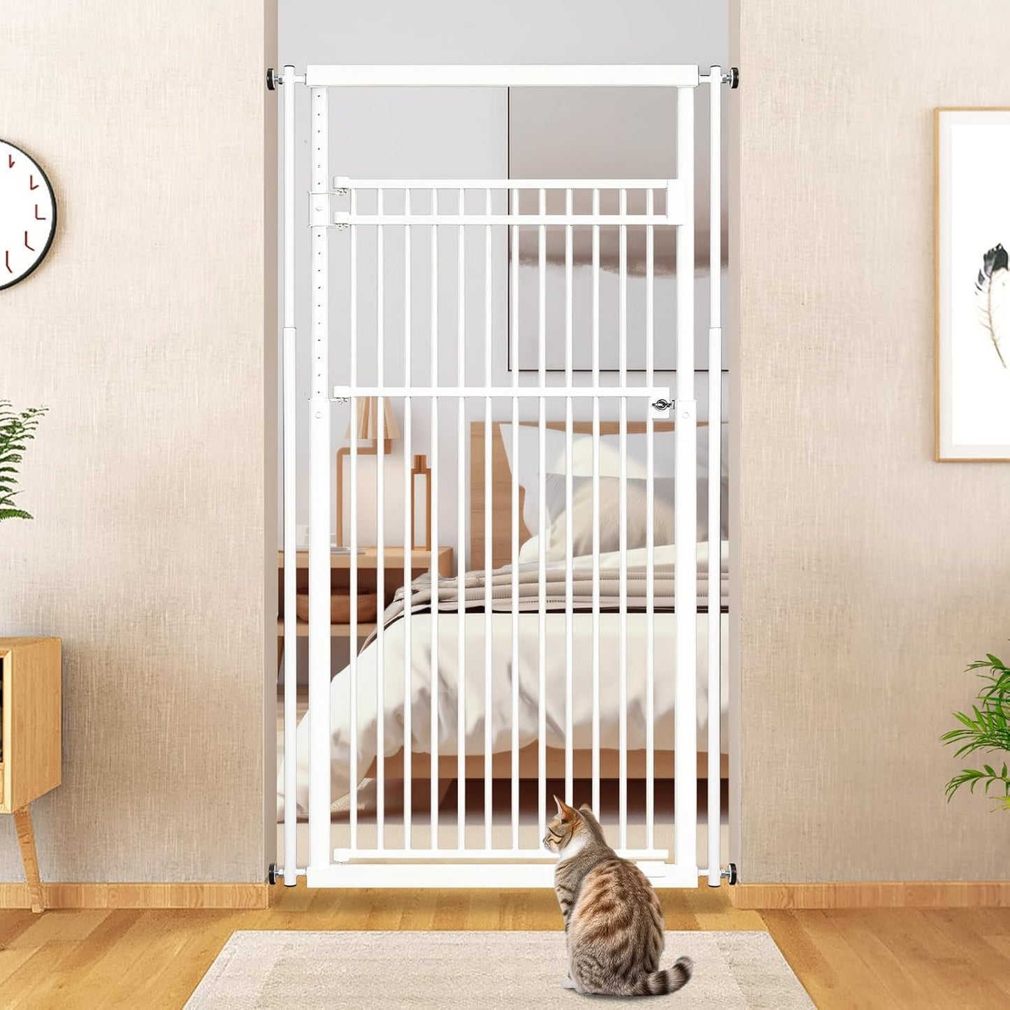 78.8" Extra Tall Cat Gate, 28.3-33" Wide Safety Metal Cat Door, Pressure Mounted Easy Walk Through Pet Gate with Door for Stairs, Doorways (Black)