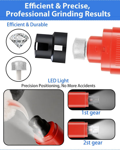 Electric Dog Nail Grinder with 2 Level LED Lights, 2 Speed 30dB Super Quiet and Low Vibration Turbo Charge Pet Nail Grinder for Small Dogs and Cats - White