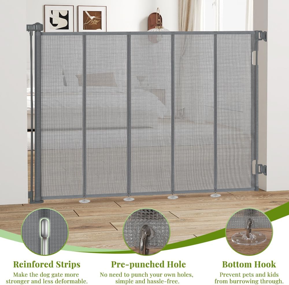 47" Extra Tall Retractable Baby Gates, Extends to 71" Wide, ExtraTall Retractable Safety Gate with Reinforced Strips, Retractable Tall Dog Gates for Doorways Mesh Baby Pet Gates Indoor, Grey