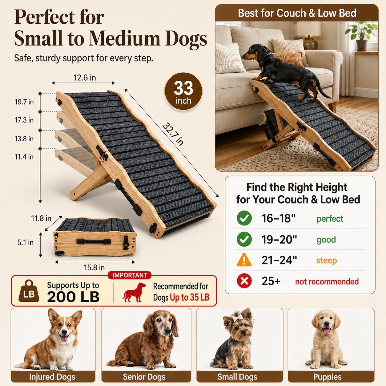 2026 Upgraded Dog Ramp for Couch & Low Bed, 33" L Folding Wood Pet Ramp 200LB Capacity, 4-Level Adjustable Height 11"-20", Non-Slip Sturdy Puppy Ramp for Small & Senior Dogs, Joint Relief, Wavy Design